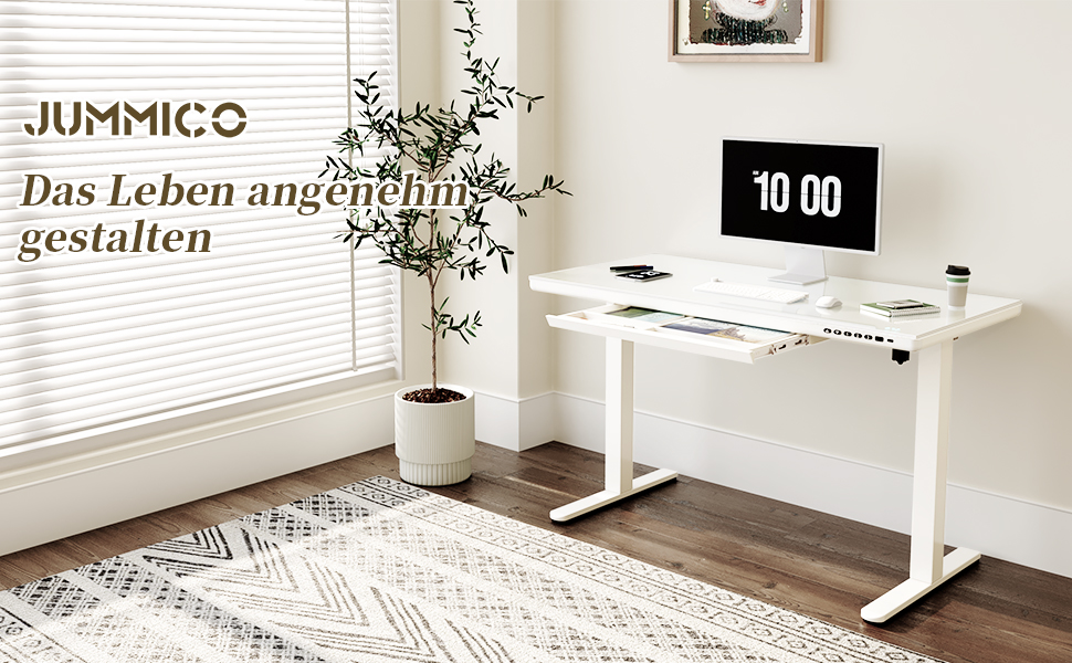 Електричний стіл JUMMICO з регулюванням висоти, 120x60 см, з висувною шухлядою, для офісу та дому, білий
