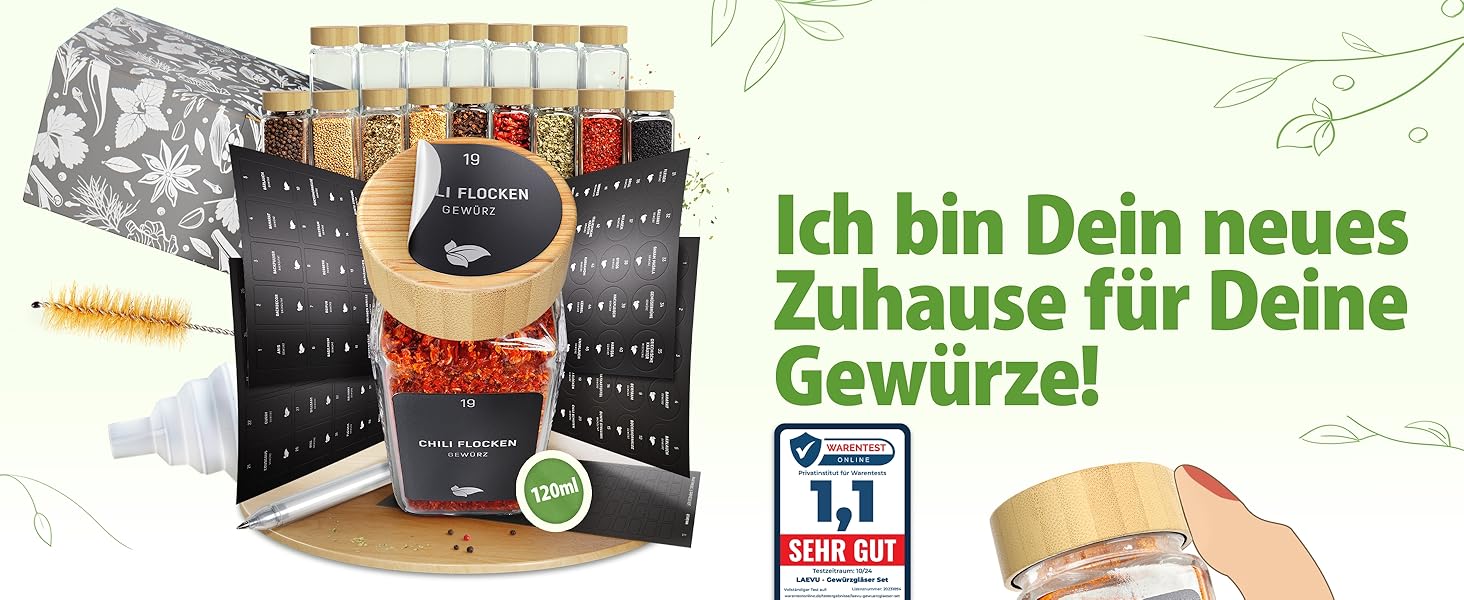 Набір бамбукових склянок для спецій | 24 шт. 120 мл, 10,7 x 4,5 см | з етикетками, дозаторами та крейдою