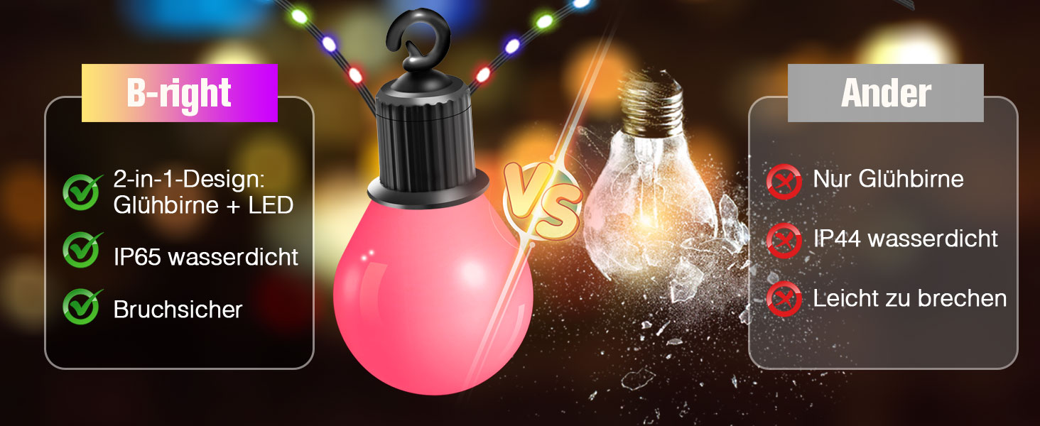 LED гірлянда B-right 12.5м RGB з пультом, IP65, 20 G40 лампочки для декору приміщень та вулиці, на Різдво, Хелловін, балкон, дитячу кімнату, сад