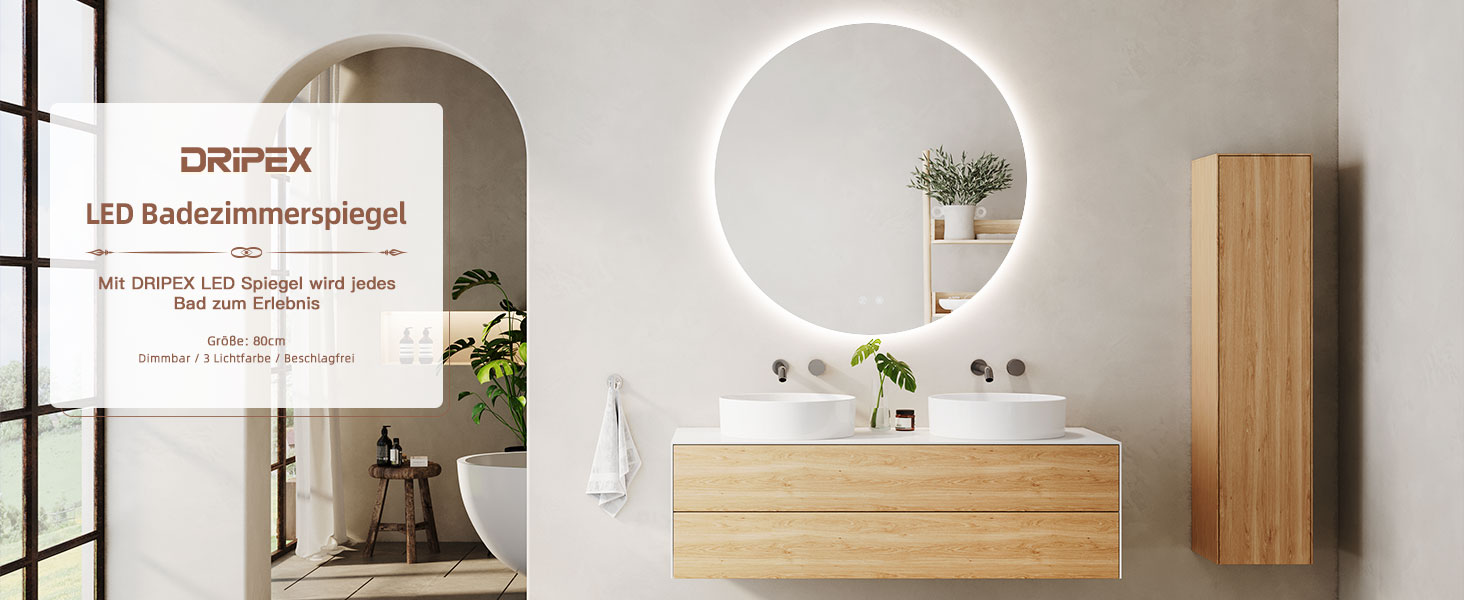 Дзеркало для ванної кімнати Dripex LED з підсвічуванням, кругле, сенсорне управління, регулювання яскравості, 3 кольори світла, запобігання запотіванню, 80x80 см