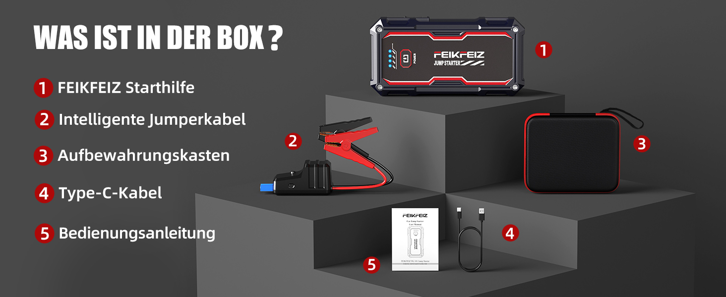 Автомобільний зарядний пристрій FEIKFEIZ Auto Starthilfe Powerbank, пусковий пристрій 6000A 26800mAh для 12V акумуляторів (бензин та дизель до 8.0L), з USB-портом та LED-ліхтарем