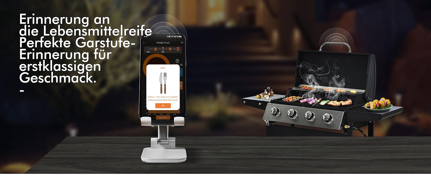 Термометр для м'яса з дистанційним моніторингом 130 м, для гриля, духовки, коптильні та кухні, термометр для гриля, IPX7 водонепроникний, відстеження температури в реальному часі, сумісний з iOS/Android, сріблясто-сірий