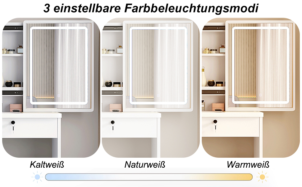 Трюмо YuYe з LED-підсвічуванням, регульованою яскравістю, дзеркалом, пуфом, 5 шухлядами та 3 полицями, сучасний комод для макіяжу з дерева, білий (125)