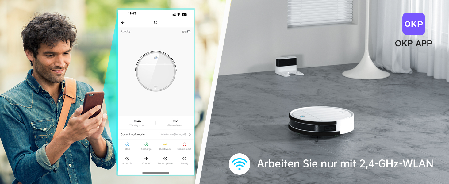 Робот-пилосос OKP K5 з потужністю 5000Pa, навігацією, HEPA-фільтром, Wi-Fi, для тварин, килимів та твердих підлог