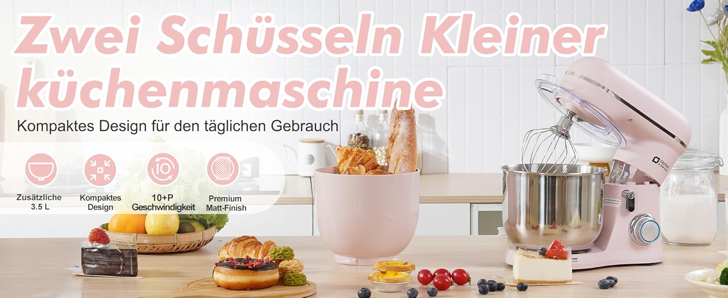 Кухонна машина Kitchen in the Box (Рожева) з двома чашами 3.5L, 10 швидкостей, з міксером та гаком для тіста