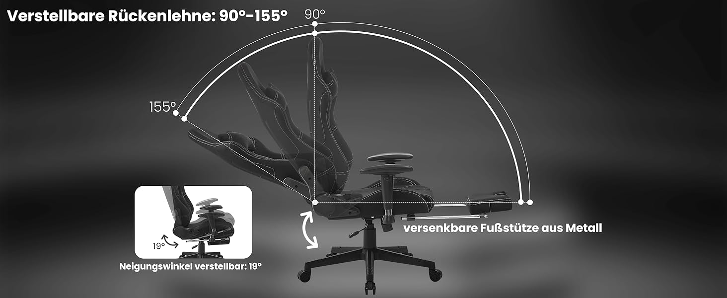 Крісло ігрове WOLTU з тканини, дихаюче, для літа, ергономічне, з підтримкою попереку, для геймерів, racing, PC, з функцією гойдання та підніжкою, для стрімінгу, чорно-сіре, тканинне
