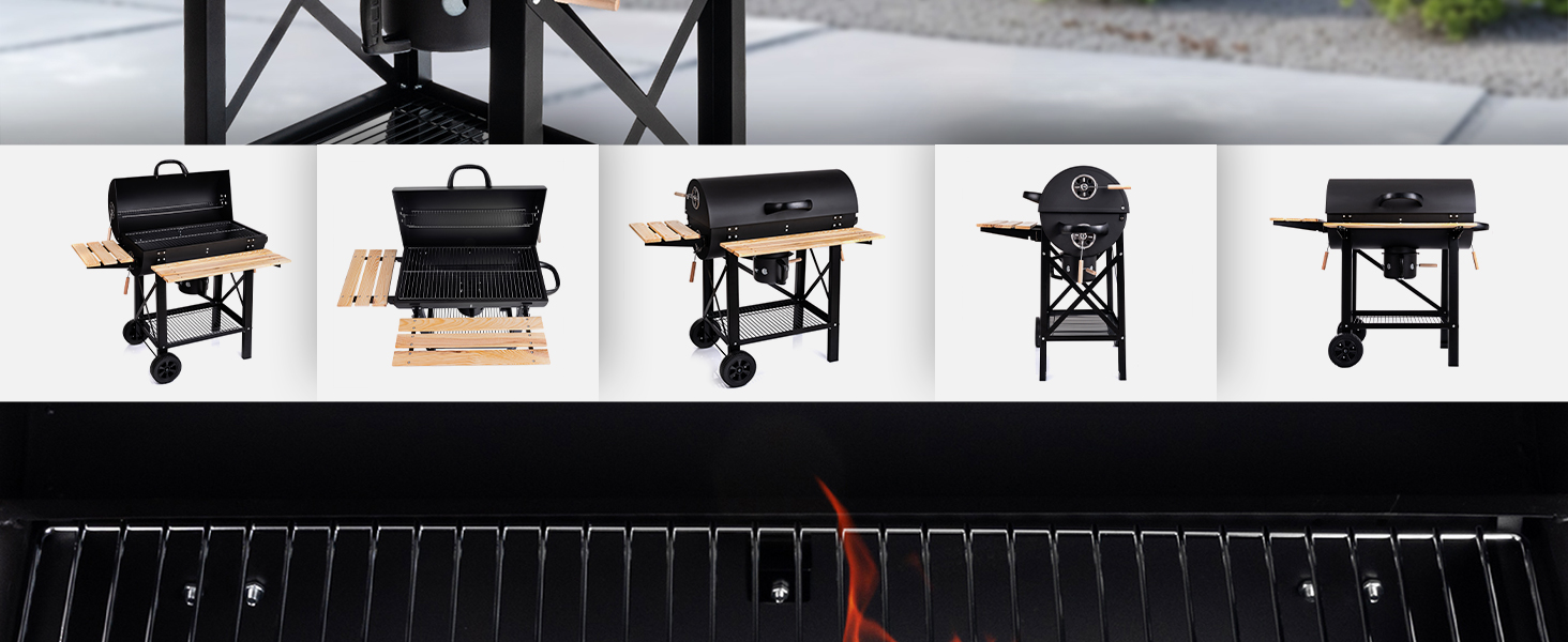 Дров'яний мангал Lehmann з решіткою-грилем XL, візком для дров, 2 полицями, кришкою, колесами та зручною ручкою. Ідеальний для саду, тераси, кемпінгу.