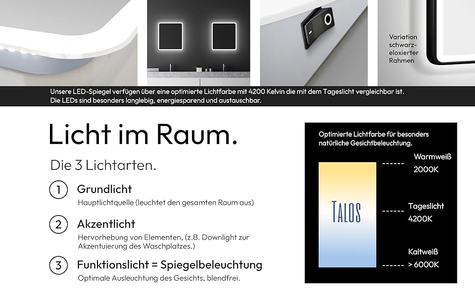 Дзеркало для ванної кімнати Talos Moon з підсвічуванням 120x70 см, вологостійке (Aluminium)