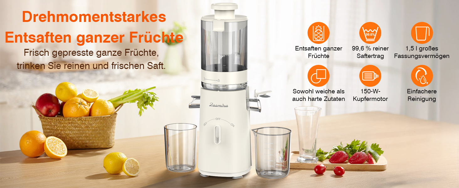 Соковитискач шнековий REV з великим завантажувальним отвором 120 мм, для овочів та фруктів, 1,5 л, режим REV, легко мити