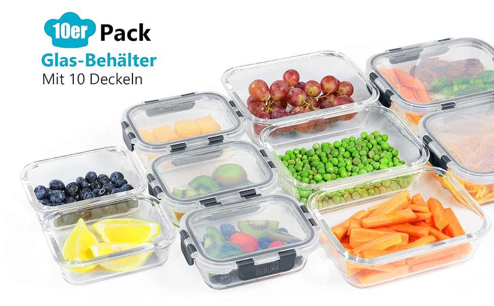Набір скляних контейнерів для їжі Igluu Meal Prep (10 шт) — 370 мл та 1050 мл, герметичні ланч-бокси для зберігання продуктів