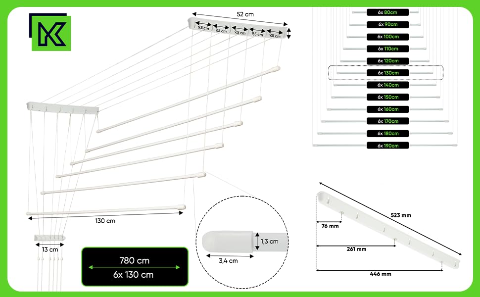 Стельова сушильна машина, 6 сталевих перекладин, вантажопідйомність 12 кг, 6x130см, білий