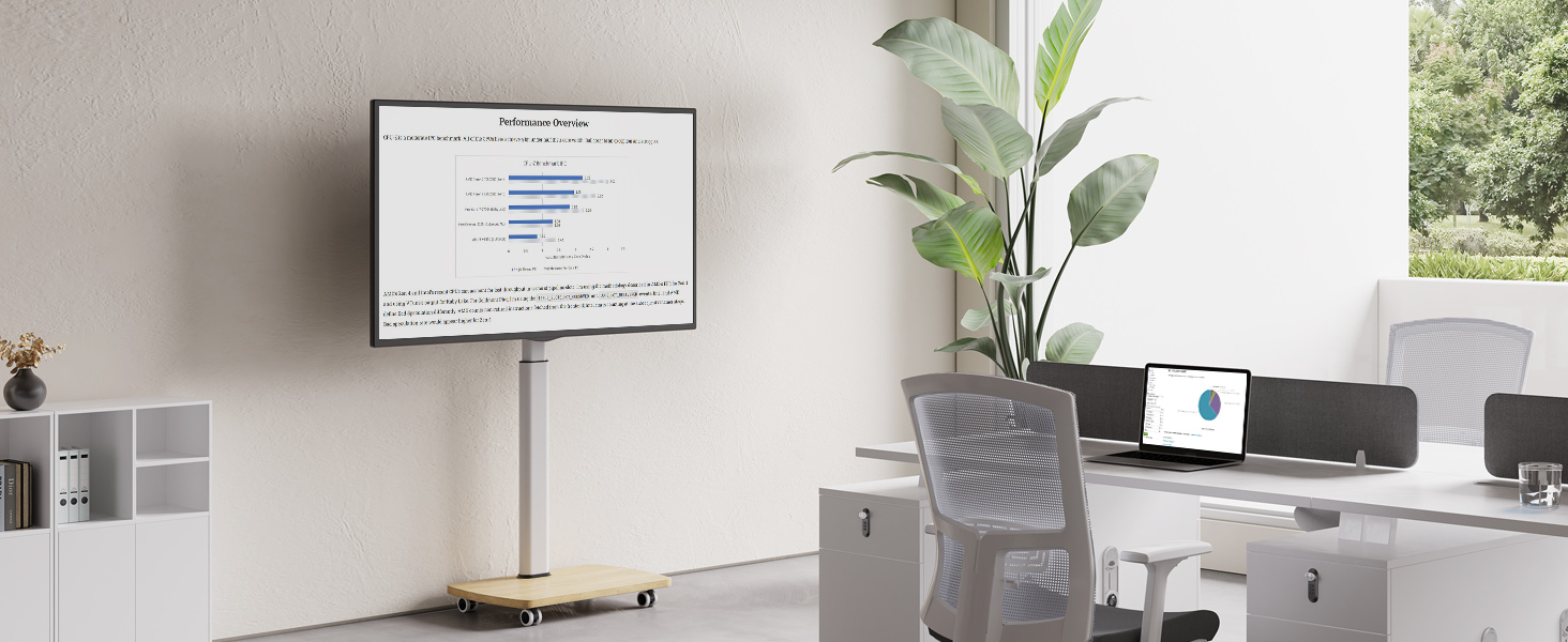 Підставка для телевізора на колесах з полицею, для телевізорів 32-65 дюймів, до 35 кг, поворотна на 90°, регульована по висоті, VESA 400x400mm (Білий+Натуральний колір)