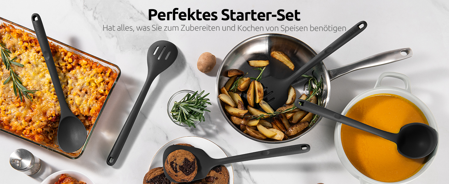 Набір кухонних аксесуарів U-Taste з силікону (5 шт.), стійкий до 315°C, BPA-free, антипригарний, для приготування, перемішування та подачі їжі (чорний)