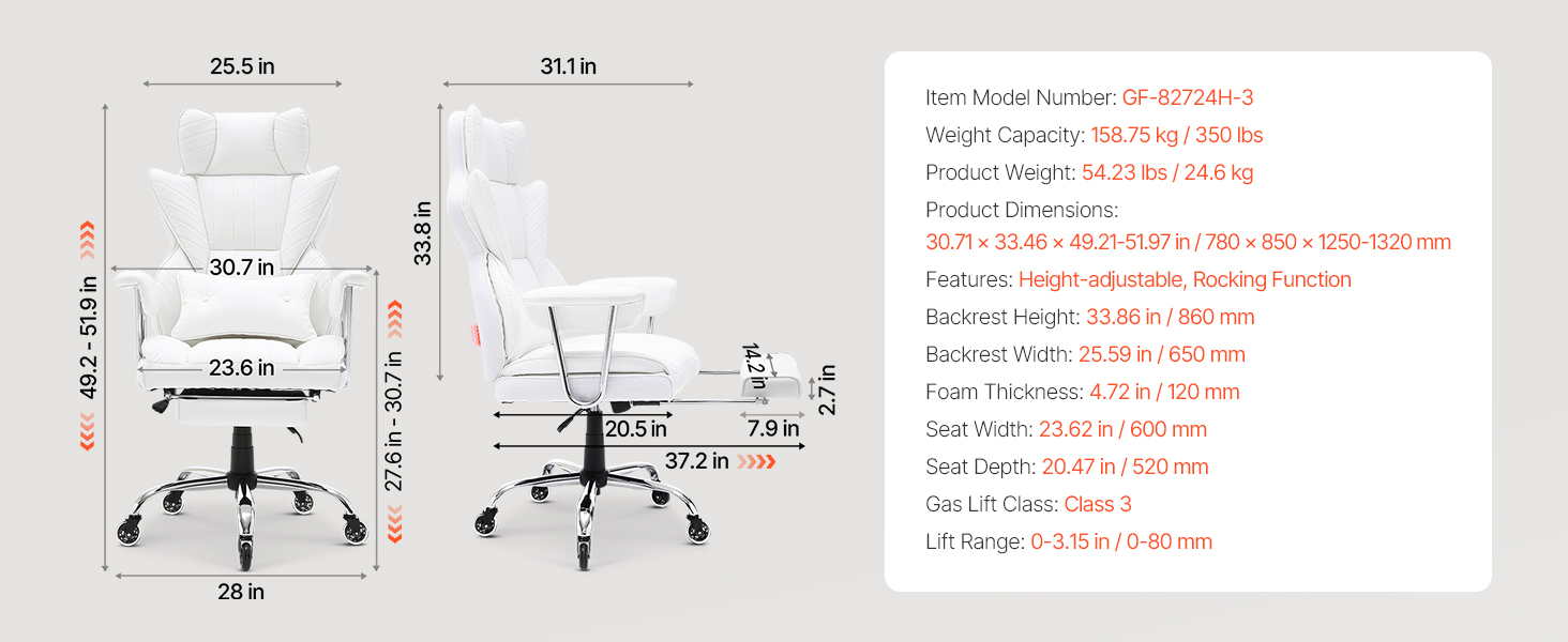 Крісло офісне VEVOR з PU шкірою, біле, для начальника з підніжкою, регульоване по висоті, до 181,43 кг, 860 x 610 мм, поворотне