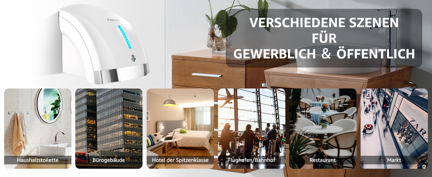 Автоматичний сушар для рук Modunful з інфрачервовим сенсором, настінний, 2000W, тихий (40 dB), ABS-покриття, білий