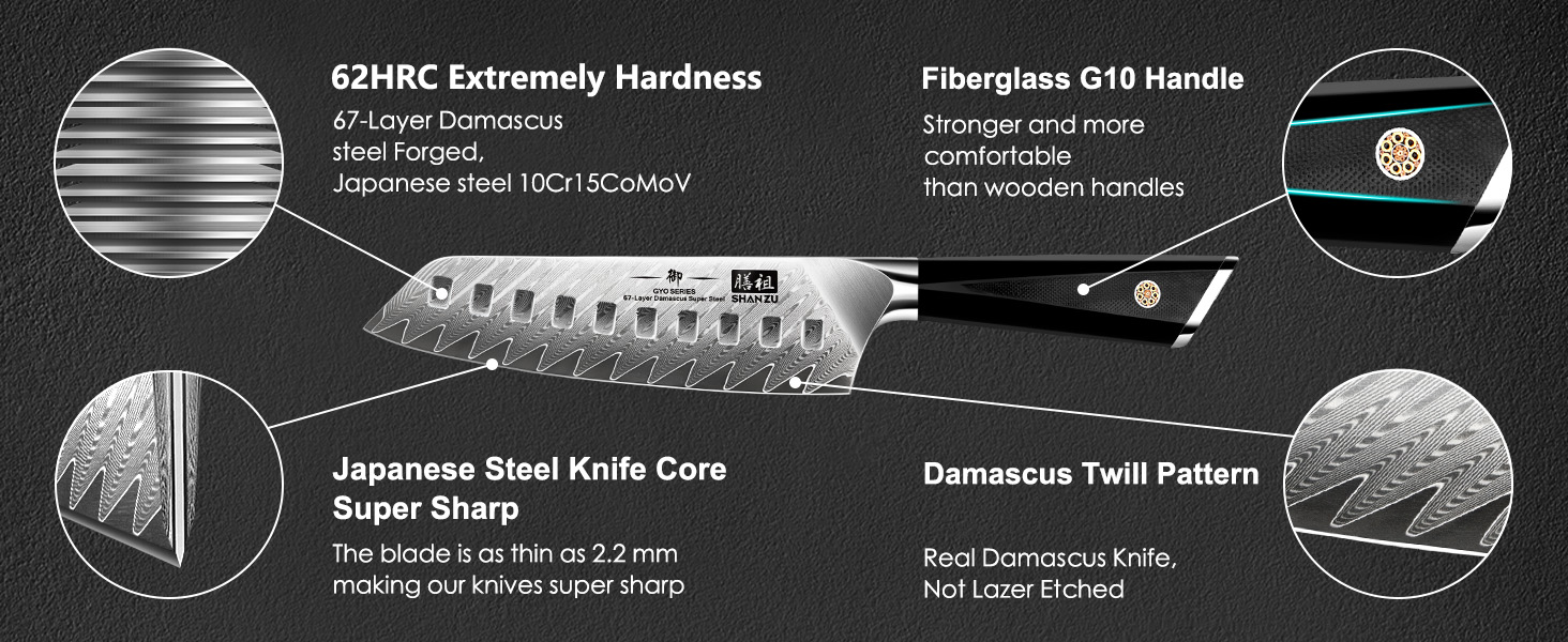 SHAN ZU Кухонний ніж з дамаської сталі, 15 см, професійний, Santoku, 67 шарів, нержавіюча сталь, японська сталь 10Cr15Mov, G10 ручка, серія GYO