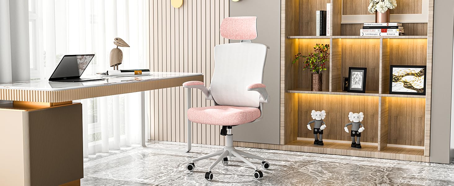 Ергономічне крісло для офісу з регульованою підголівником та поперековою підтримкою – високе офісне крісло з сітчатим спинком та м'яким сидінням, вішалка для одягу та функцією блокування (білий та рожевий)