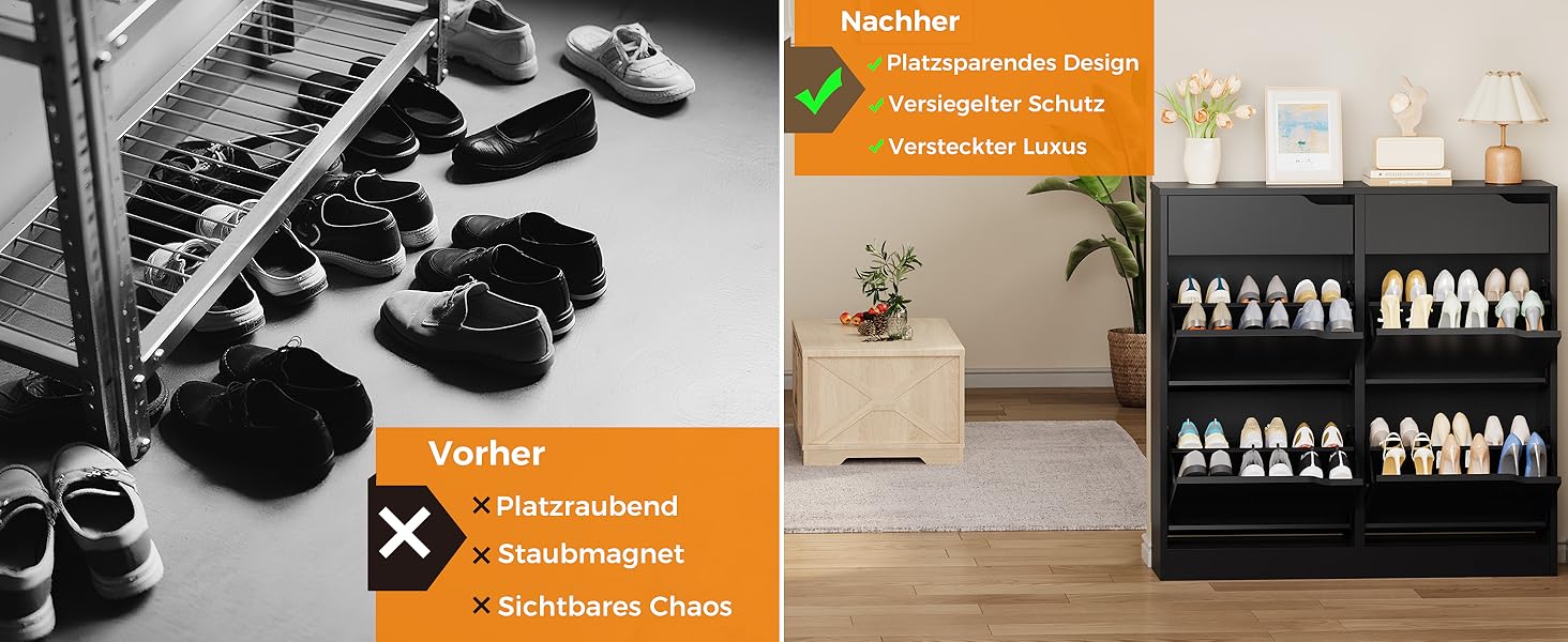 Шкаф для взуття IRONCK з 4 дверцятами, вузький, з 2 висувними ящиками, окремо стоячий, з регульованими перегородками, для передпокою, входу та вітальні (Білий) Білий (100x23.5x98см, Чорний)