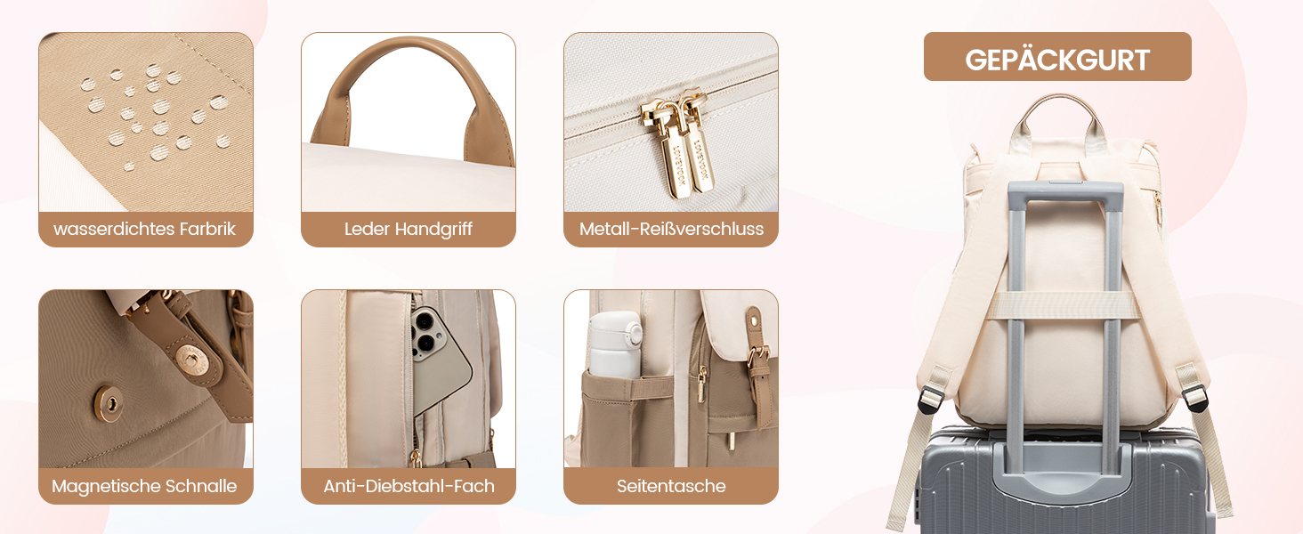 Жіночий рюкзак LOVEVOOK 15.6 дюймів: водонепроникний, для ноутбука, універсальний, для роботи, навчання, подорожей, бежевий/коричневий