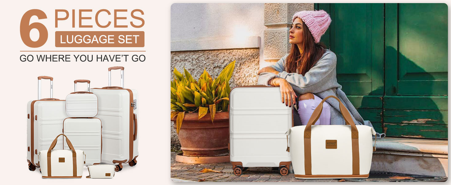 Набір валіз KONO 6 частин: велика валіза, середній, маленький, beauty case, сумка для ручної поклажі, косметичка (сірий/коричневий)
