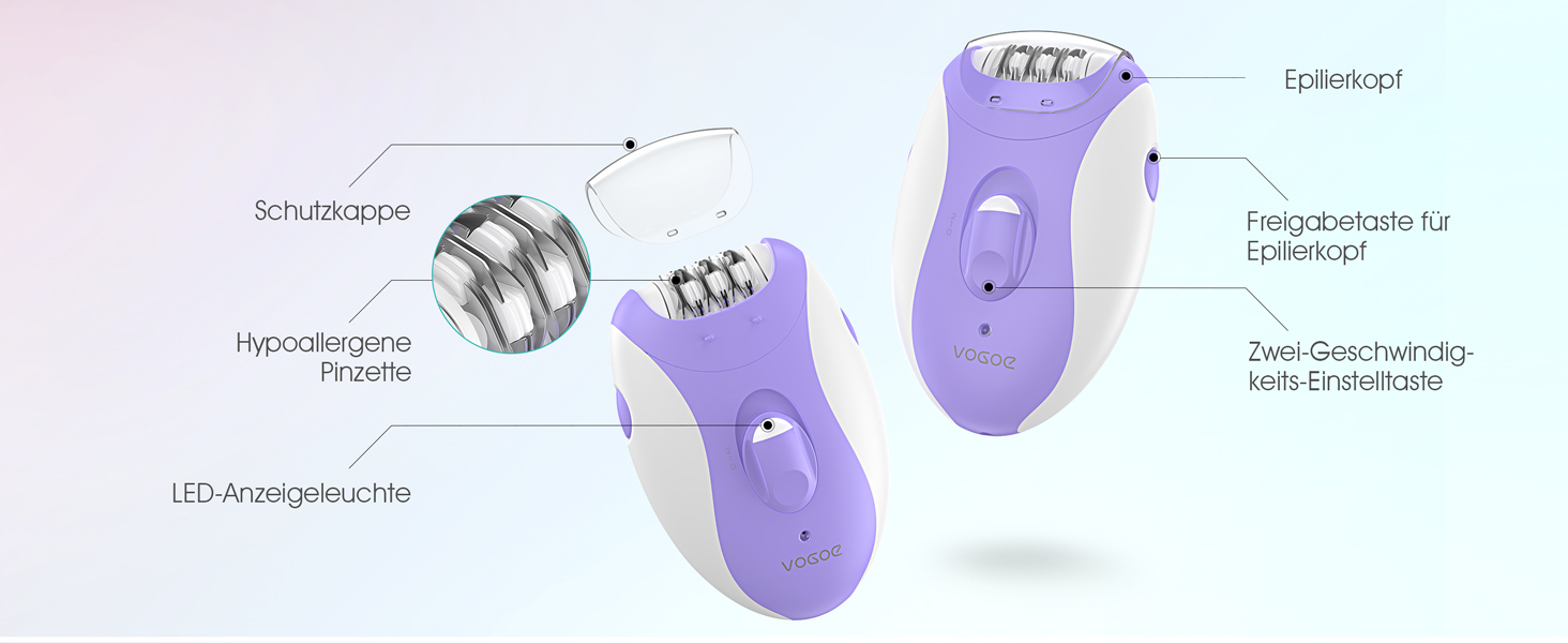Електричний епілятор для жінок HR110 з LED-підсвіткою, 21 пінцетом та 2 швидкостями, акумуляторний пристрій для видалення волосся на ногах та руках (Фіолетовий)