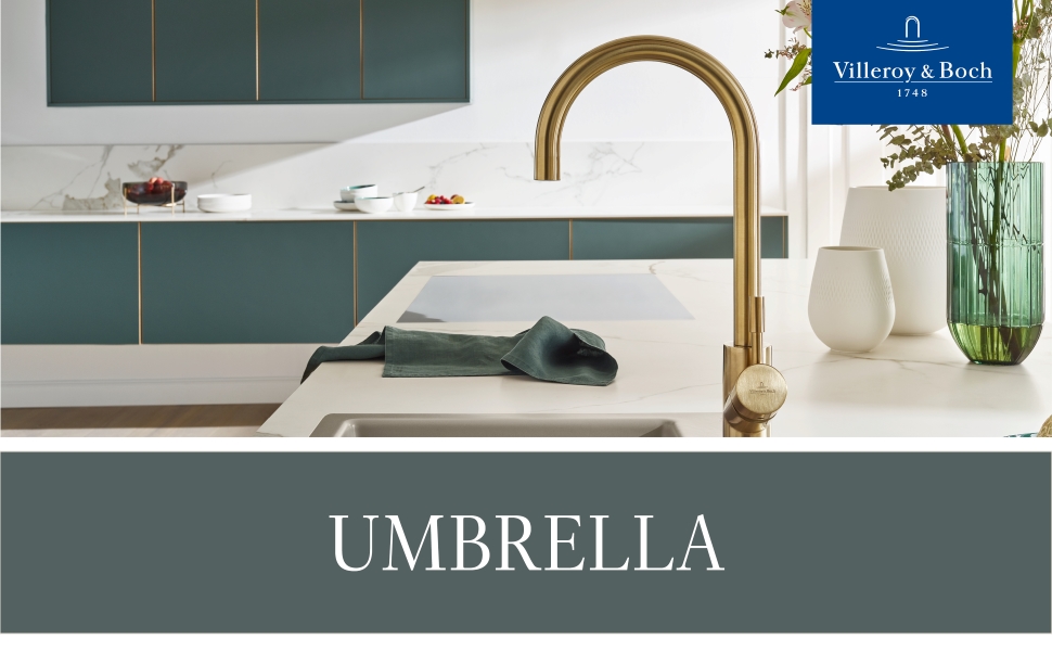 Змішувач для кухні Villeroy & Boch Umbrella Flex, змішувач високого тиску, змішувач для кухні з висувним душем і поворотним діапазоном на 360, змішувач для раковини водозберігаючий, висота виливу 220 мм, висота золотого виливу 220 мм висувна душова лійка