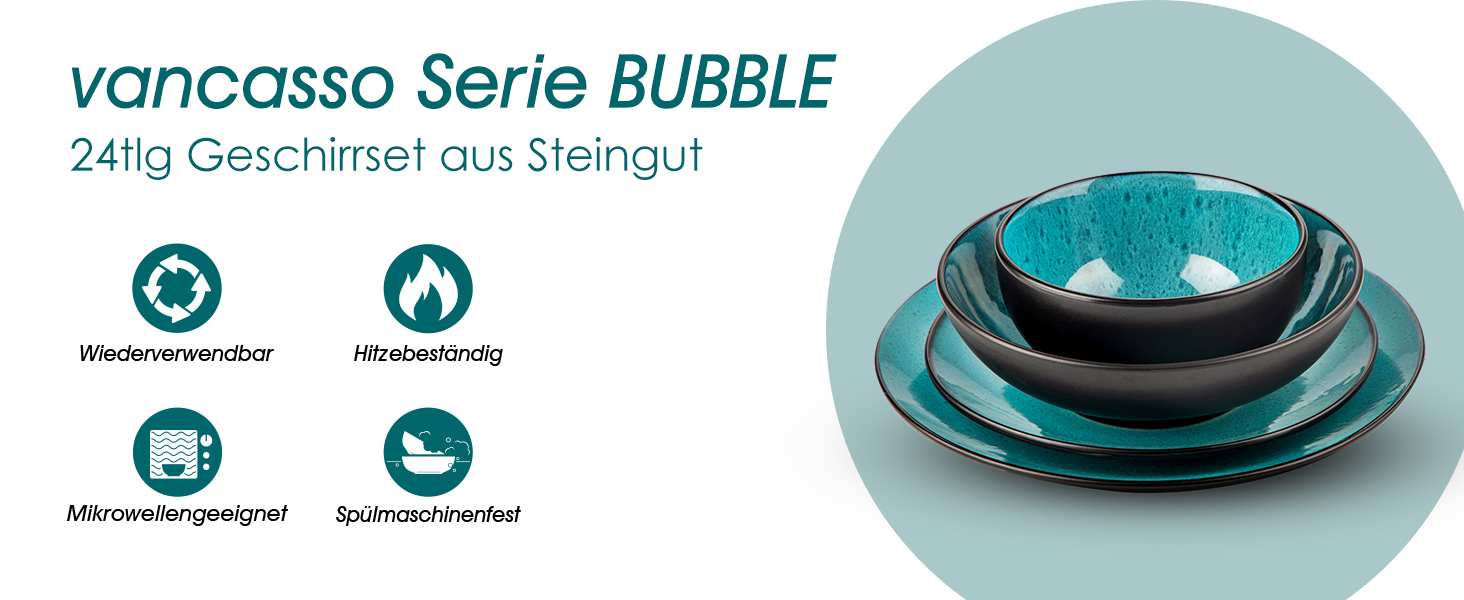 Набір посуду Bubble 6 осіб, 24 шт. з кераміки, зелений: тарілки та миски, мікрохвильова піч