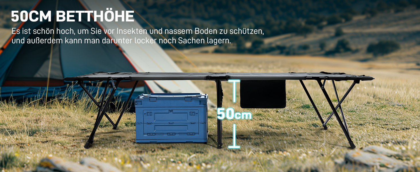 Складане польове ліжко EVER ADVANCED XXL для кемпінгу, 200 кг, 214x79x50 см, з бічною кишенею, стійке та портативне для відпочинку, подорожей, саду, вулиці та дому