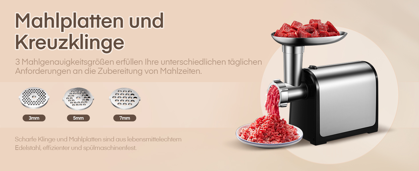 Електрична м'ясоподрібнювач Fleischwolf 3 в 1 з набором для ковбаси та 3-ма лезами з нержавіючої сталі