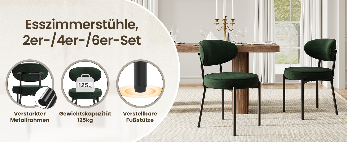 Обідні стільці COLAMY з м'яким сидінням 10 см – Сучасні крісла з плюшевої тканини Teddy, з міцним металевим каркасом – для кухні та вітальні, білий (зелений, набір 2 шт)