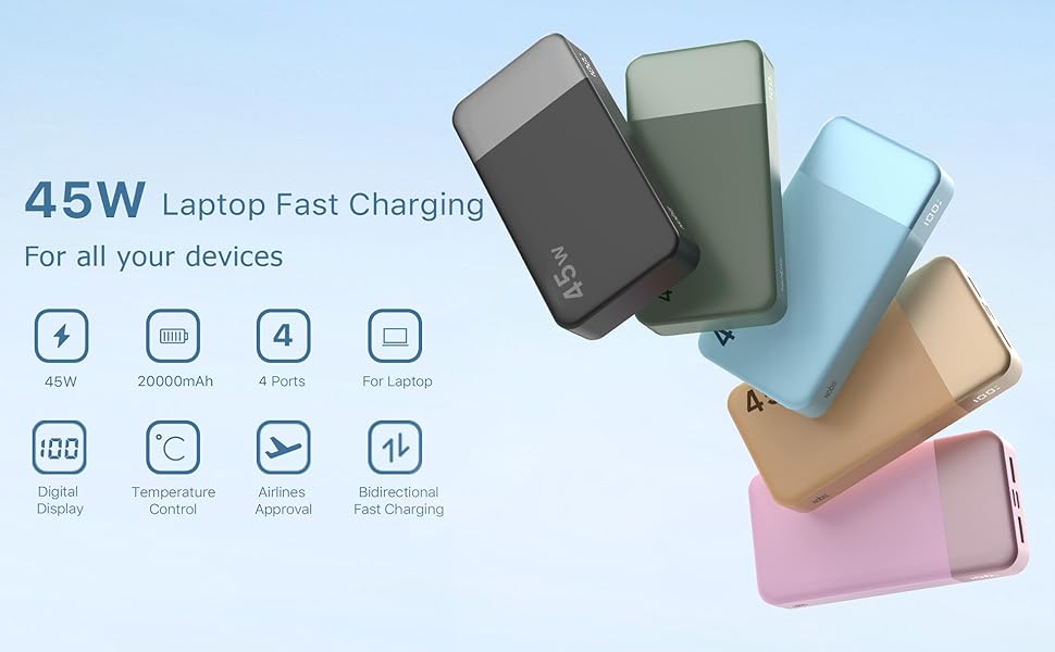 Power Bank NOBIS 20000mAh 45W з C-to-C кабелем, цифровою індикацією, чорний