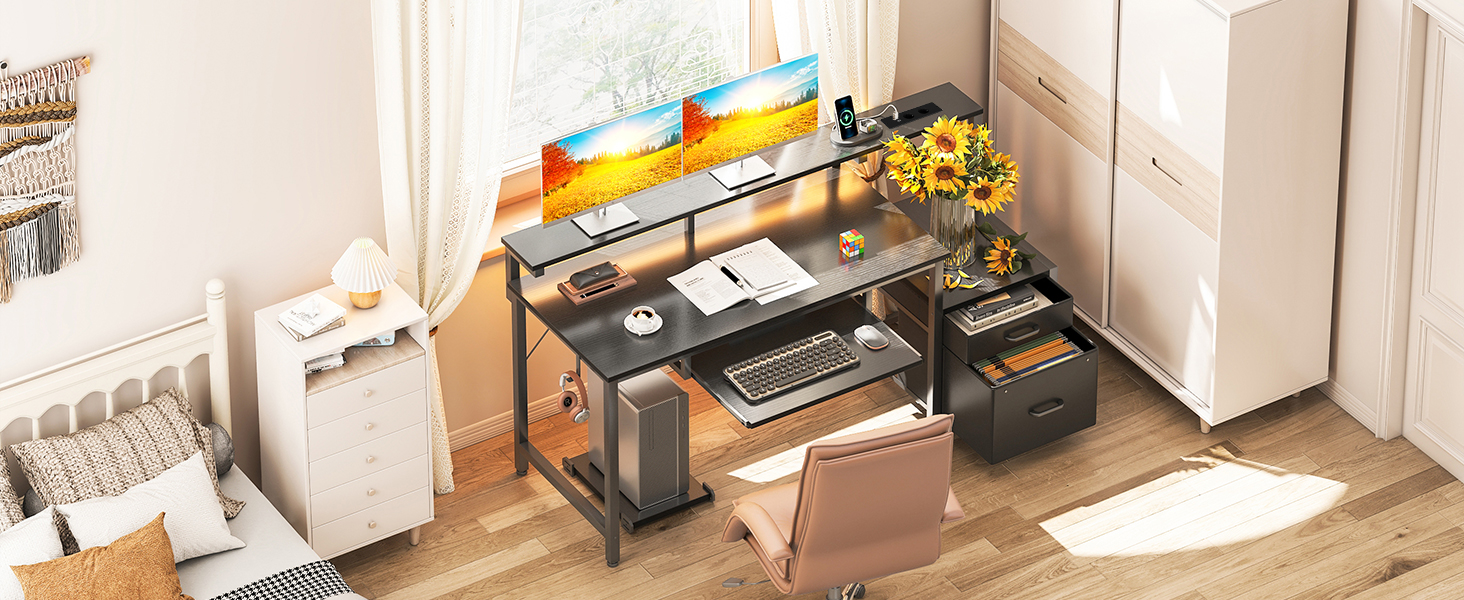 Ігровий стіл Coleshome з LED підсвічуванням, стіл для дому та офісу з ящиками з тканини, комп'ютерний стіл з 2 розетками та 2 USB-портами, стіл для геймінгу з підставкою для монітора, білий (140x48 см, чорний)