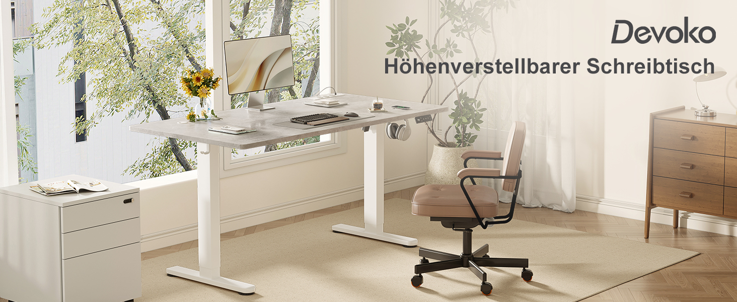 DEVOKO Стол для роботи з регулюванням висоти 140 x 70 см з розеткою, бездротовою зарядкою та USB – Електричний стіл для комп'ютера з функцією пам'яті та кабельною організацією – Ідеально для геймінгу та офісу, сірий 140 x 70 см