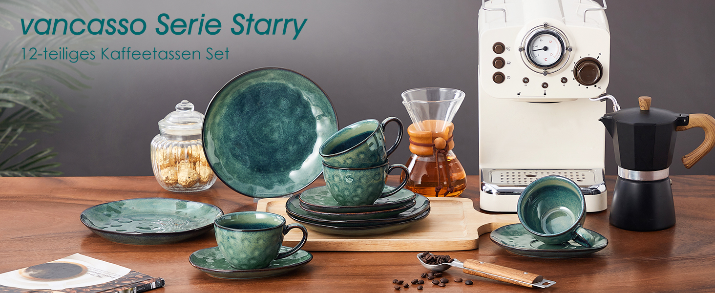 Сервіз кавовий Vancasso Steingut Starry, 12 предметів для 4 осіб, зелений, вінтажний стиль