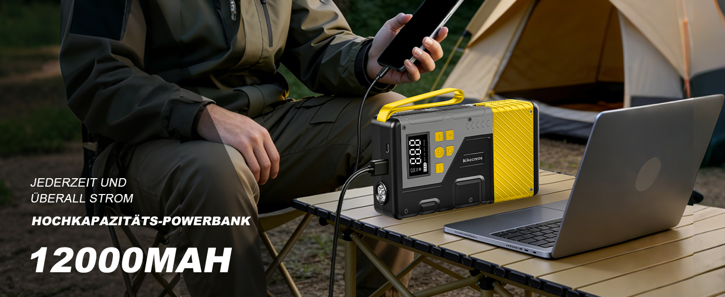 Пусковий пристрій Powerbank Jump Starter з компресором для шин 3000A, 150 PSI, LCD-дисплеєм та LED-ліхтарем (Жовтий)