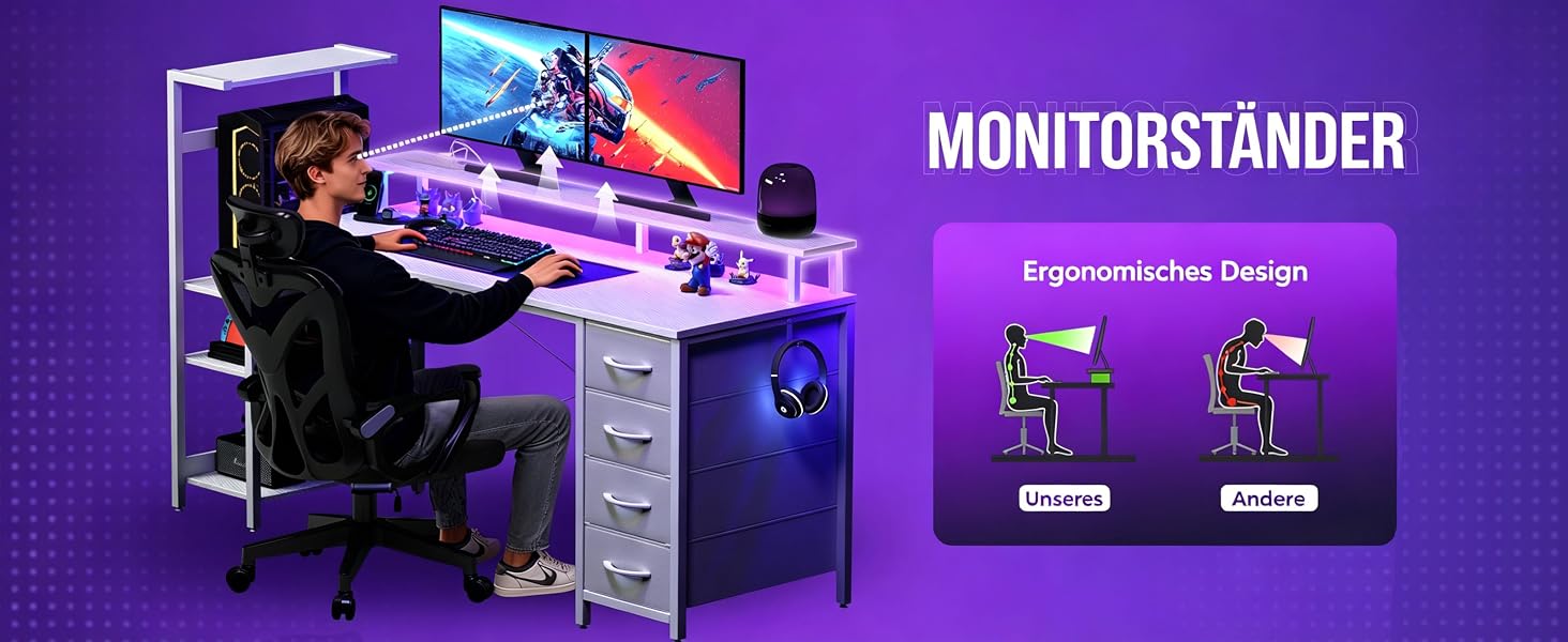 Ігровий стіл APICIZON 150 см з полицею, підставкою для монітора та RGB-підсвіткою, білий карбон. Стіл для ПК з USB-портами, тримачем для навушників та підставкою для чашки