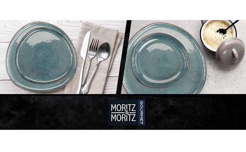 Moritz & Moritz ORGANIC Набір посуду 18 предметів на 6 осіб, блакитний - Елегантний набір тарілок з високоякісної кераміки (6 великих, 6 десертних, 6 супових)