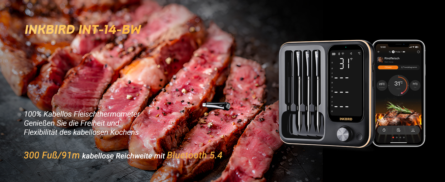Бездротовий термометр Inkbird INT-14-BW для приготування на грилі, духовці, мангалі та фритюрниці, з Wi-Fi та Bluetooth