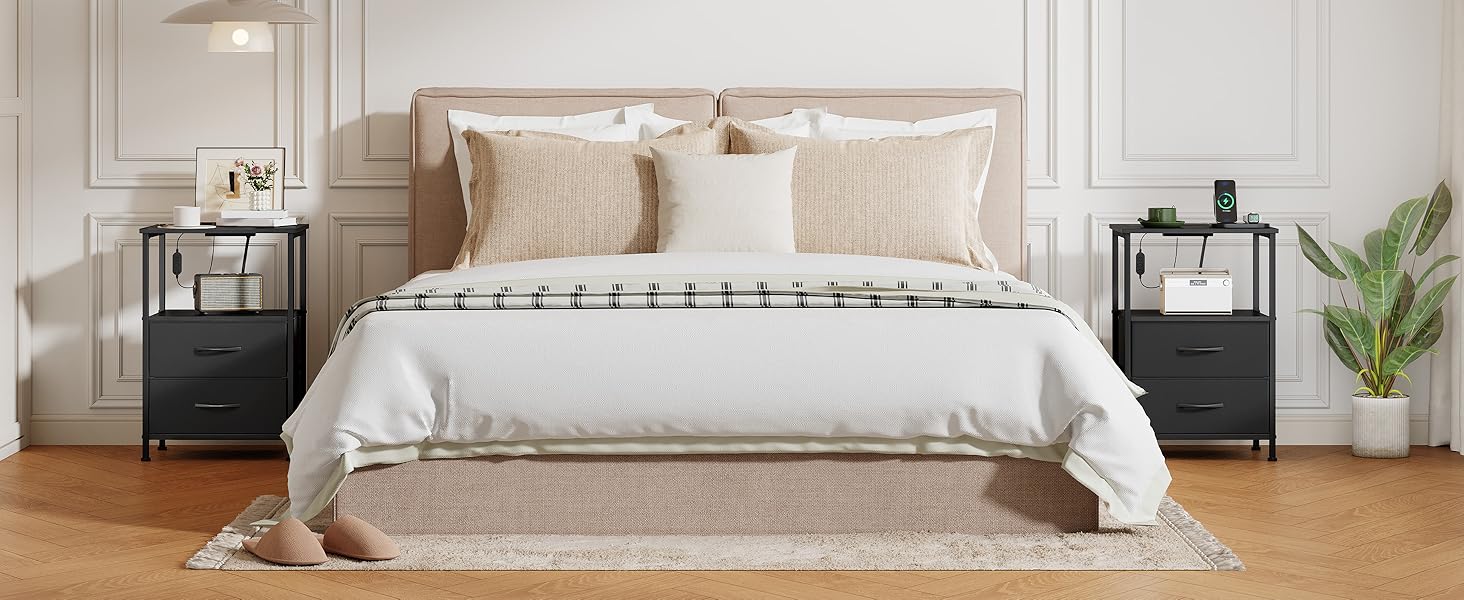 Нічний столик Somdot з підзарядкою, LED, розеткою (USB, Type-C) для спальні, вітальні, дитячої кімнати, чорного кольору, 30x40x60 см (2 висувні ящики)