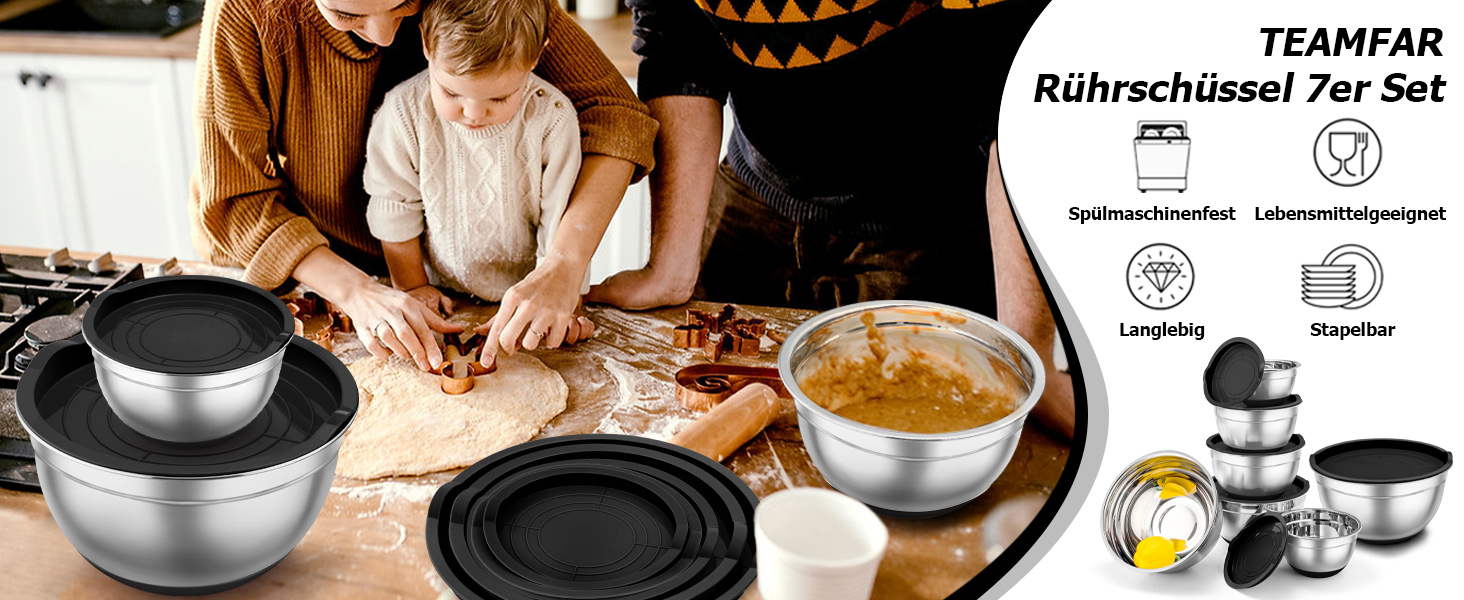 Набір місок TEAMFAR 7 шт., нержавіюча сталь, з кришками та силіконовим дном, 0,7L - 6,5L, чорний