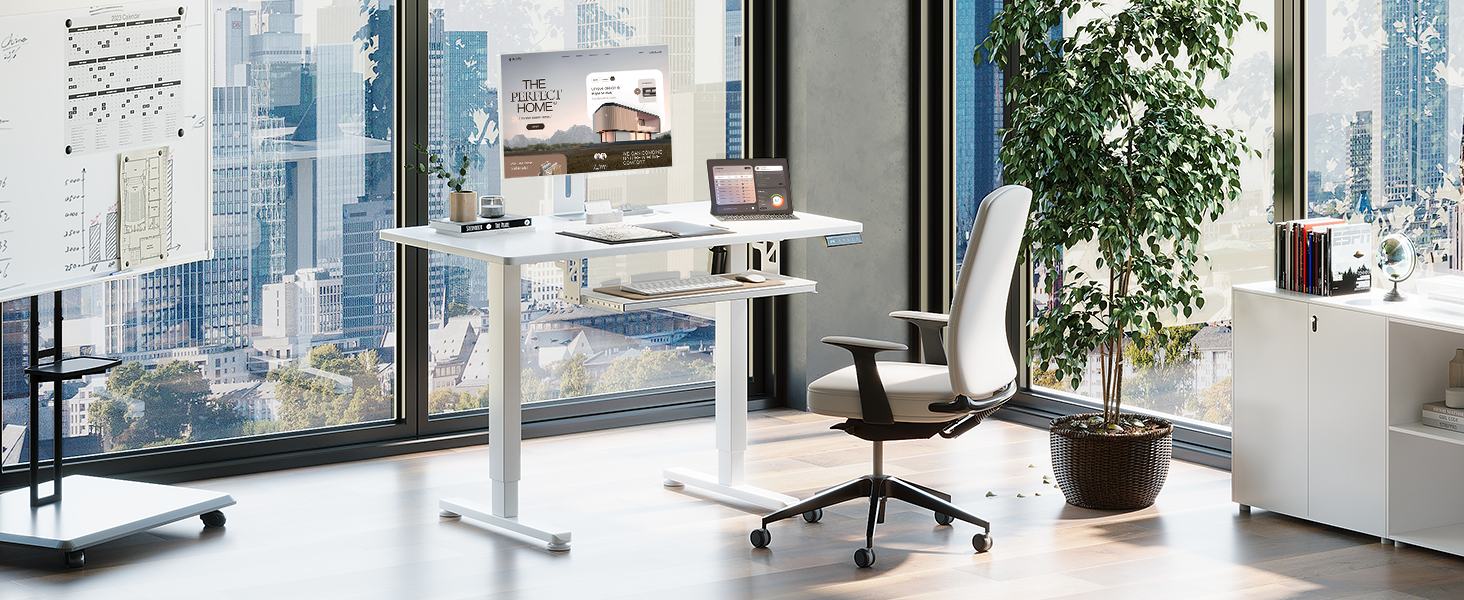 Електричний регульований стіл OffiGo 100x50 см з підставкою для клавіатури, 3 функції пам'яті, білий | Стіл для роботи та навчання