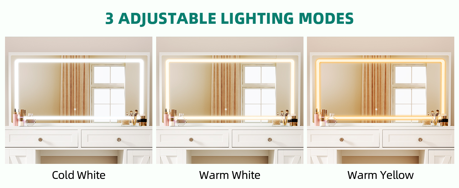 Туалетний столик YITAHOME з LED-дзеркалом, регульоване 3-кольорове освітлення, скляна стільниця, вбудована розетка, для спальні, 115 x 40 x 134 см, білий
