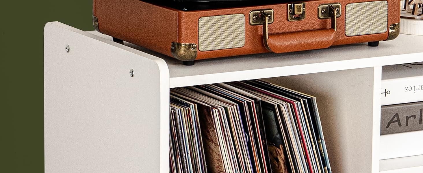 Стіл для програвача вінілу, підставка для програвача в стилі середини століття з місцем для зберігання до 150+ платівок, шафа для вінілових платівок з регульованими полицями (білий)