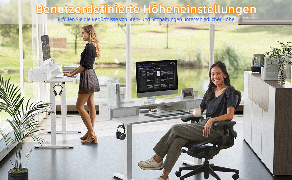 Електричний стіл YIHAYO з висувними ящиками та підставкою для монітора 120x60 см, з функцією пам'яті, Natural White, білий каркас/поверхня