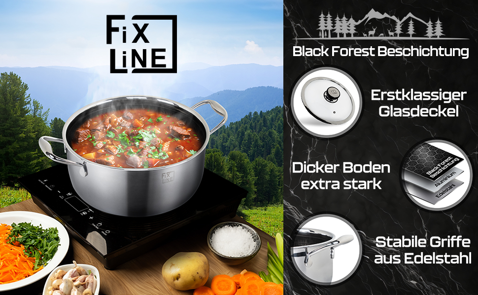 Сковорода FIXLINE Black Forest 28 см - стійке до подряпин покриття - високий бортик 6,5 см - для всіх типів варильних поверхонь, включаючи індукційні - підходить для духовок з температурою до 250C - ідеальна ідея для подарунка