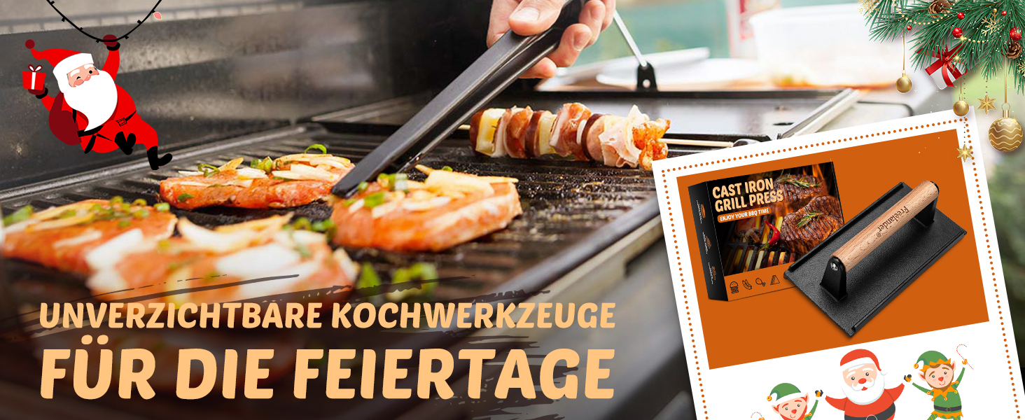 Пресс для бургерів Freelander з чавуну, набір для розчавлювання бургерів (Ø 17.6 см, 20.5 см), прес для гриля з термостійкою ручкою, великий бургерний прес для BBQ, стейків, сендвічів (чорний, прямокутний)