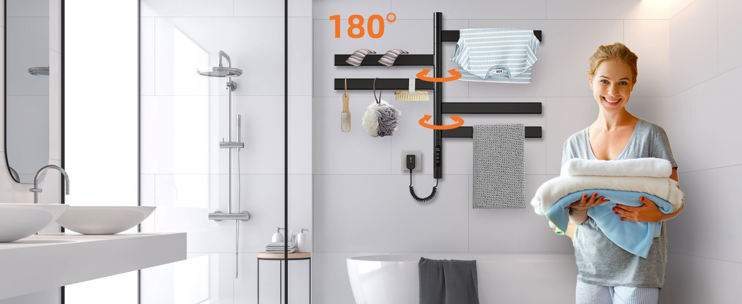 Електричний сушильник для рушників ZOYI 180° поворотний, 140W, чорний (сушарка для ванної кімнати, настінний)