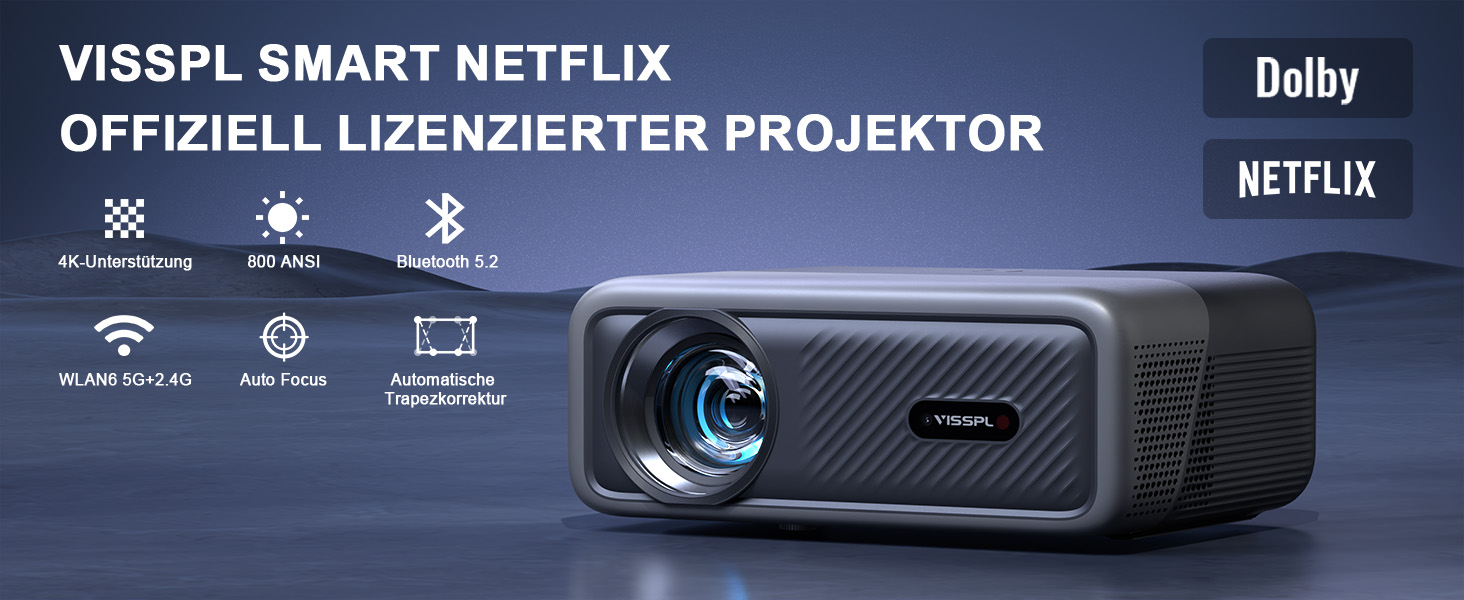 Проектор VISSPL A-28000L 4K з автофокусом та корекцією трапецеїдальних спотворень, 28000 Люмен, WiFi6, Bluetooth, Dolby Audio, Netflix, для домашнього кінотеатру та на відкритому повітрі