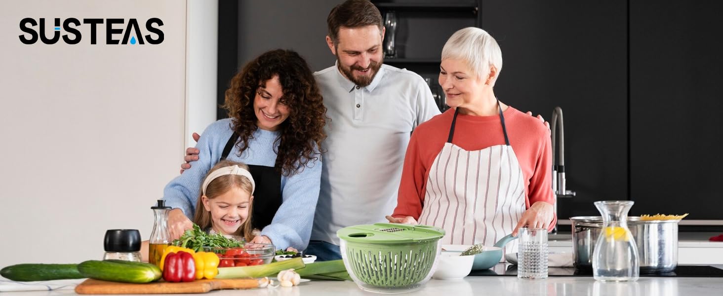 SUSTEAS Салатниця-швидкокрутка 4.5л з кришкою, чаша для салату з 5-лопатевим ножем, механізм Kubelantrieb та сепаратор для яєць – для миття, сушіння та нарізання салату, овочів, фруктів