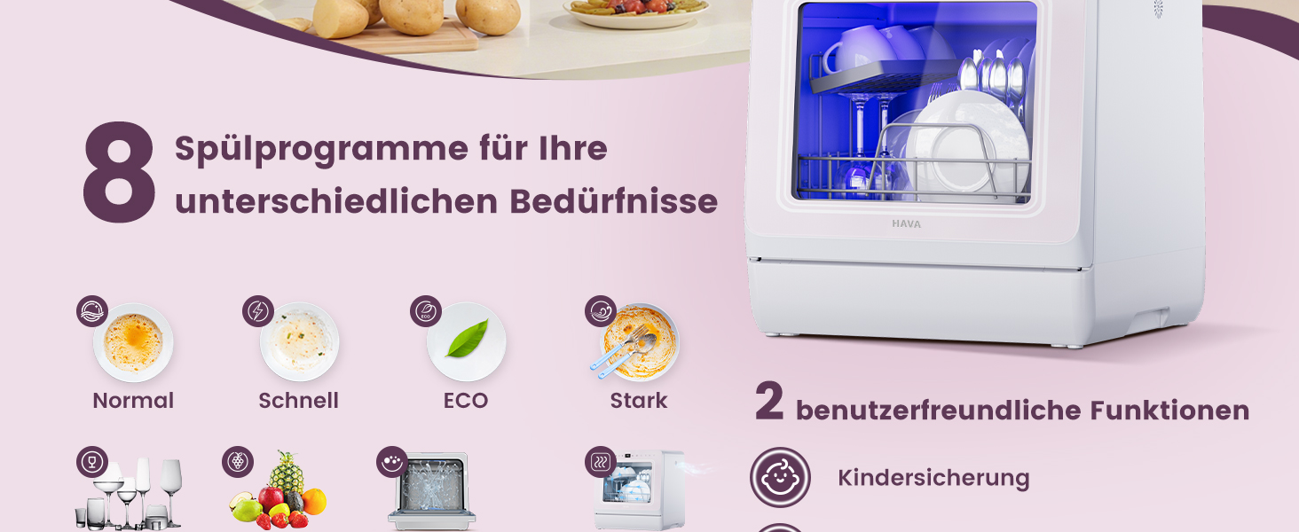 Посудомийна машина HAVA для столу з пом'якшувачем води та підвищеною енергоефективністю, 8 програм миття, блокування від дітей та відкладений старт, не потребує встановлення - ніжний лавандовий колір, TDJR09